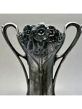 Antique Art Nouveau Silver Plated Vase Floral Jugendstil Motif & Double Handles
